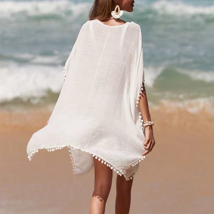 Damen luftiger Kaftan mit fransigen Akzenten und durchbrochenem Design Drune