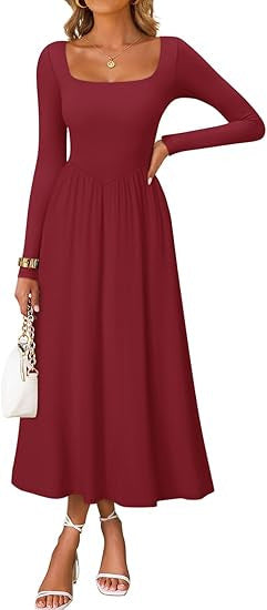 Damen Elegantes Midi-Kleid mit Quadratausschnitt und langen Ärmeln Drune