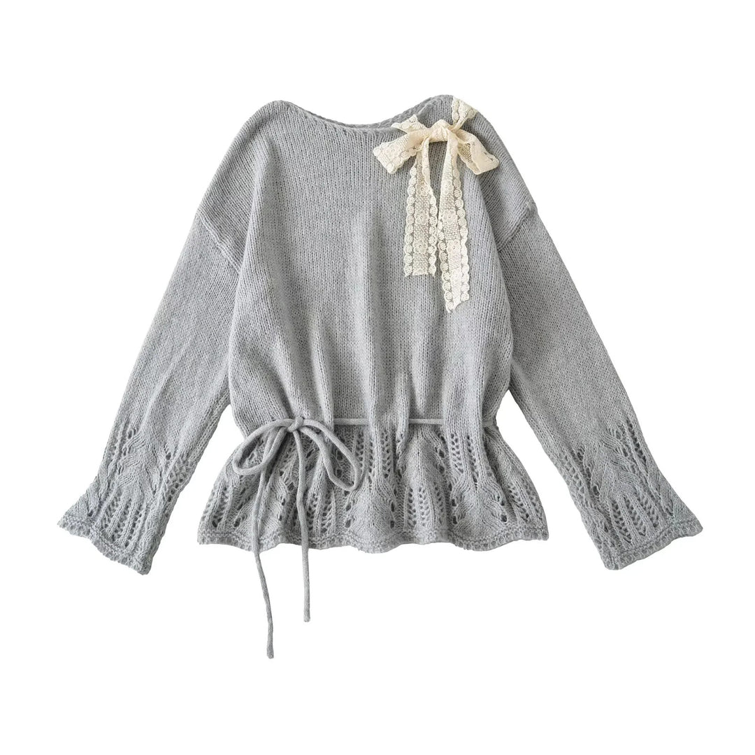 Damen stylisches Strickoberteil mit eleganter Raffinesse und Bindebändern Drune