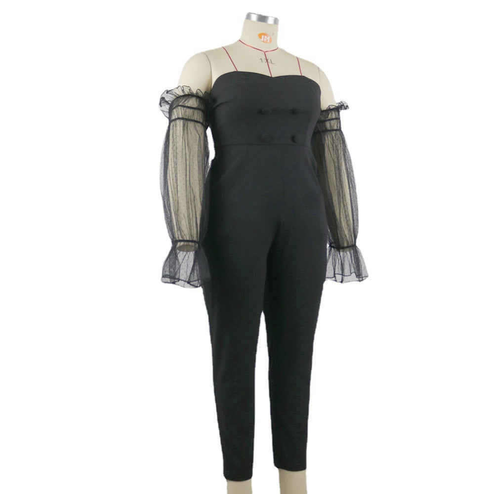 Damen eleganter Jumpsuit mit transparenten Puffärmeln Drune