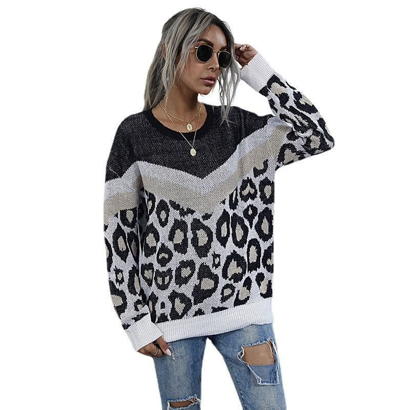 Damen modischer Strickpullover mit Leopardenmuster und grafischem Design Drune