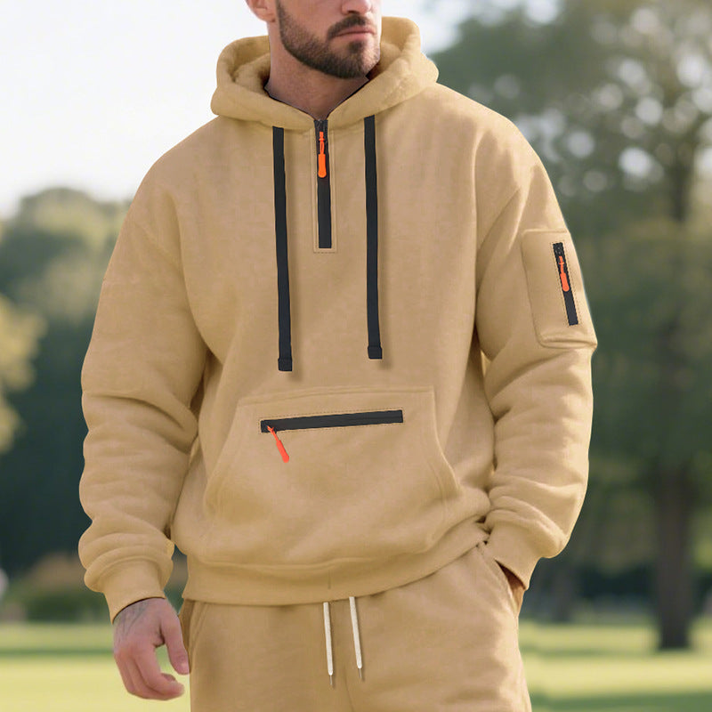 Herren nan funktionaler Kapuzenpullover mit kurzem Frontreißverschluss, wasserabweisenden Zippern und Utility-Ärmeltasche Drune