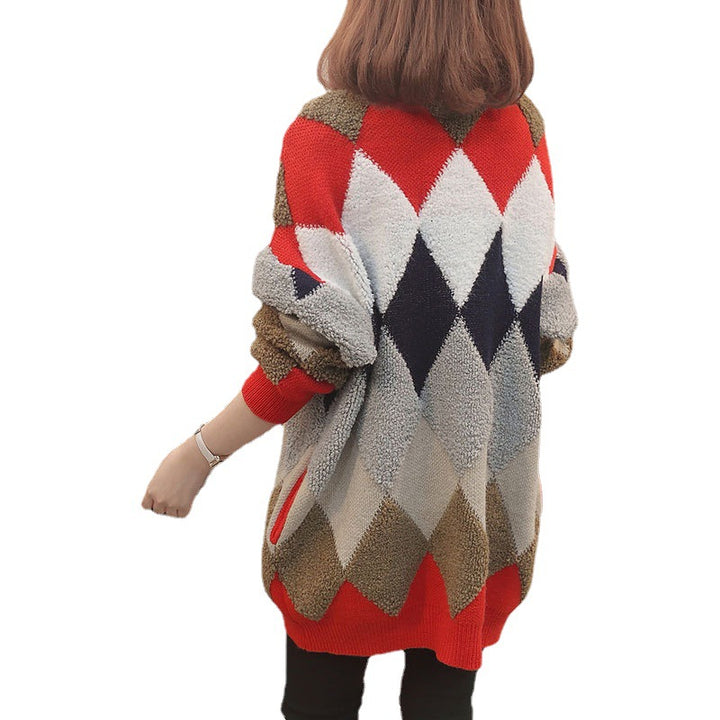 Damen Strickjacke mit geometrischem Muster und großen Knöpfen Drune