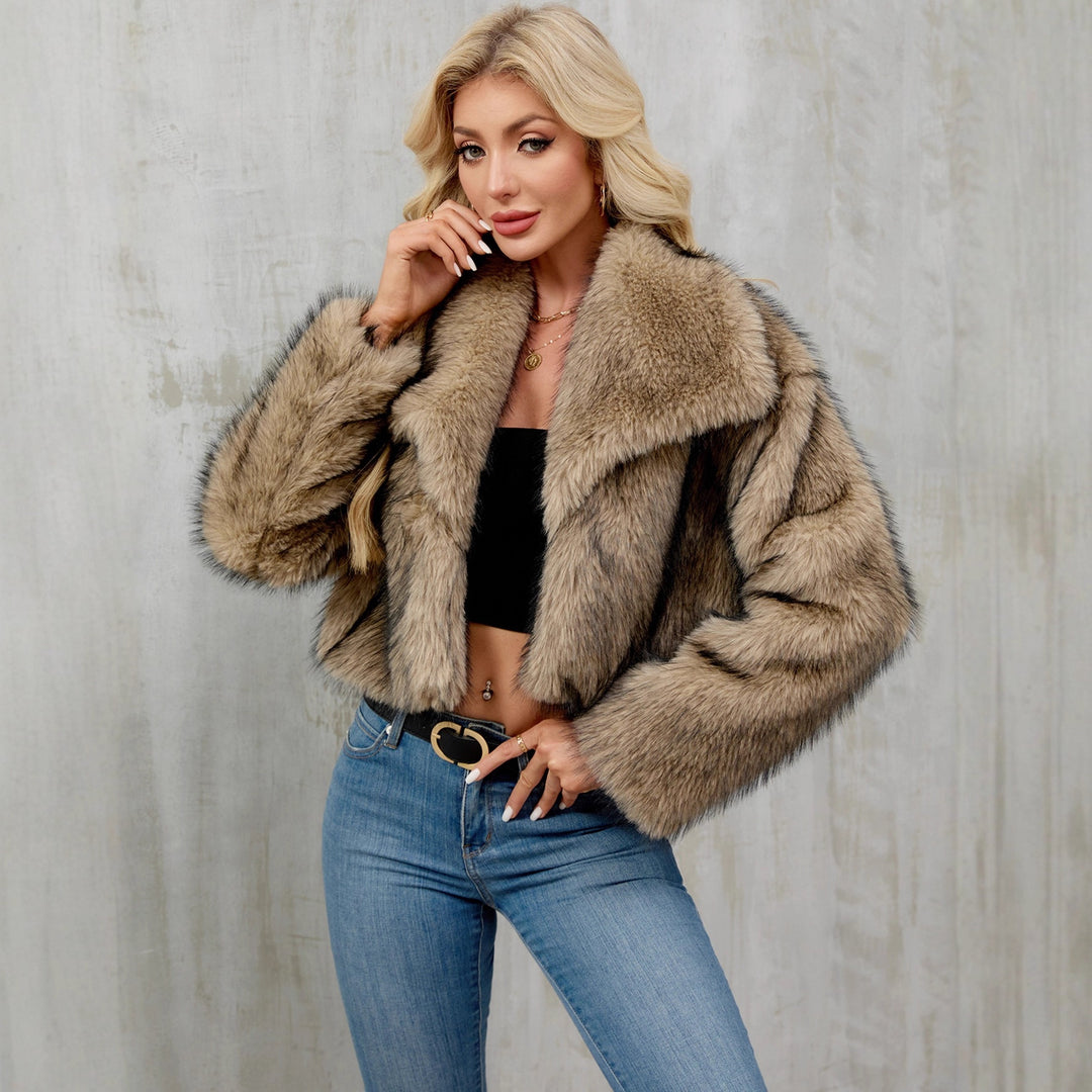 Damen Modische Kunstpelzjacke mit großem Revers Drune