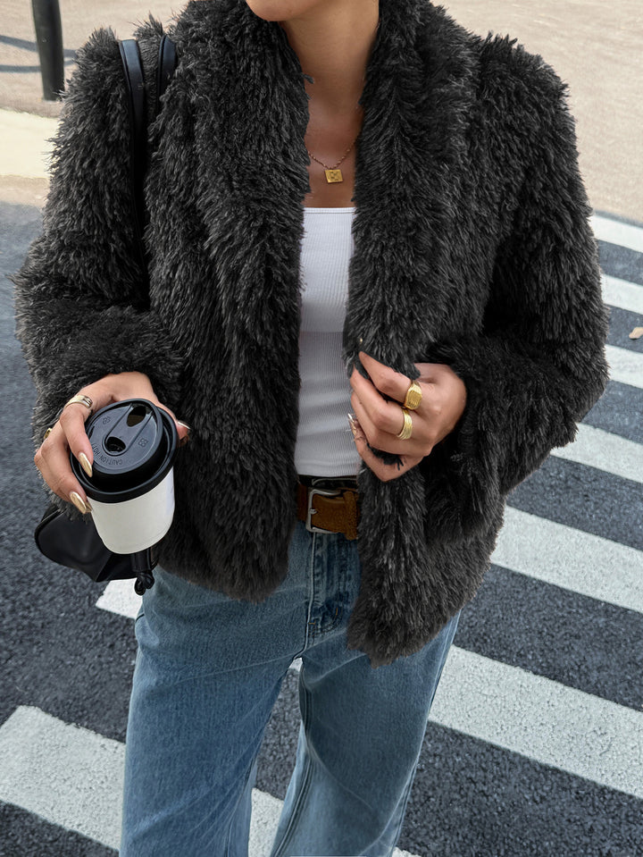 Damen nan flauschiger Teddy-Mantel mit Oversize-Schalkragen, kurzer Länge und geradem Schnitt Drune