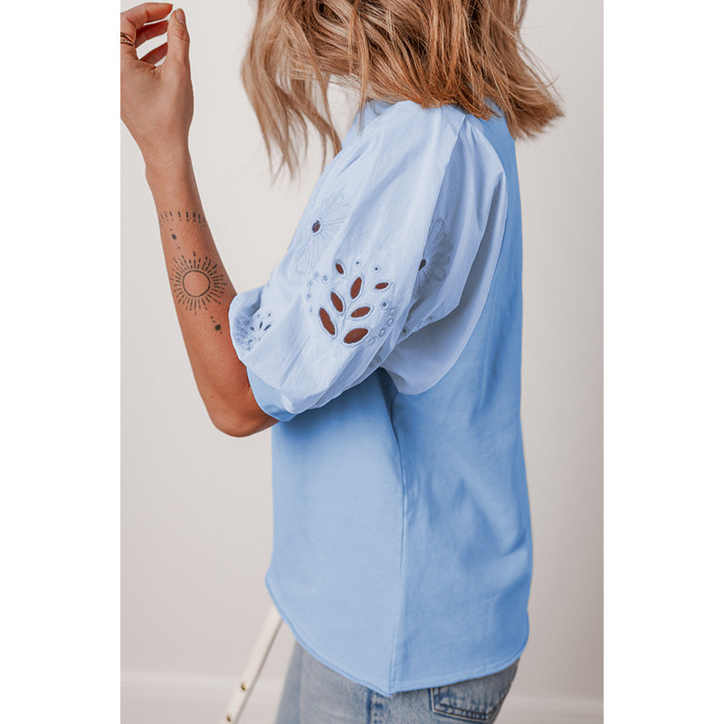 Damen T-Shirt mit puffärmeligen Designs und bestickten Akzenten Drune