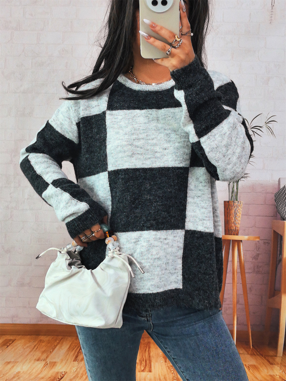 Damen lässiger Pullover mit modernen Karomuster Drune