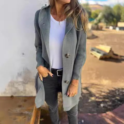 Damen Strickjacke mit Kapuze und Knöpfen Drune
