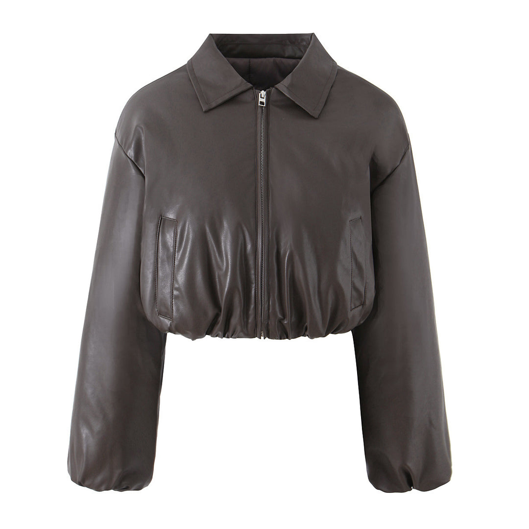 Damen cropped Kunstlederjacke mit elastischem Bund und klassischem Stehkragen Drune