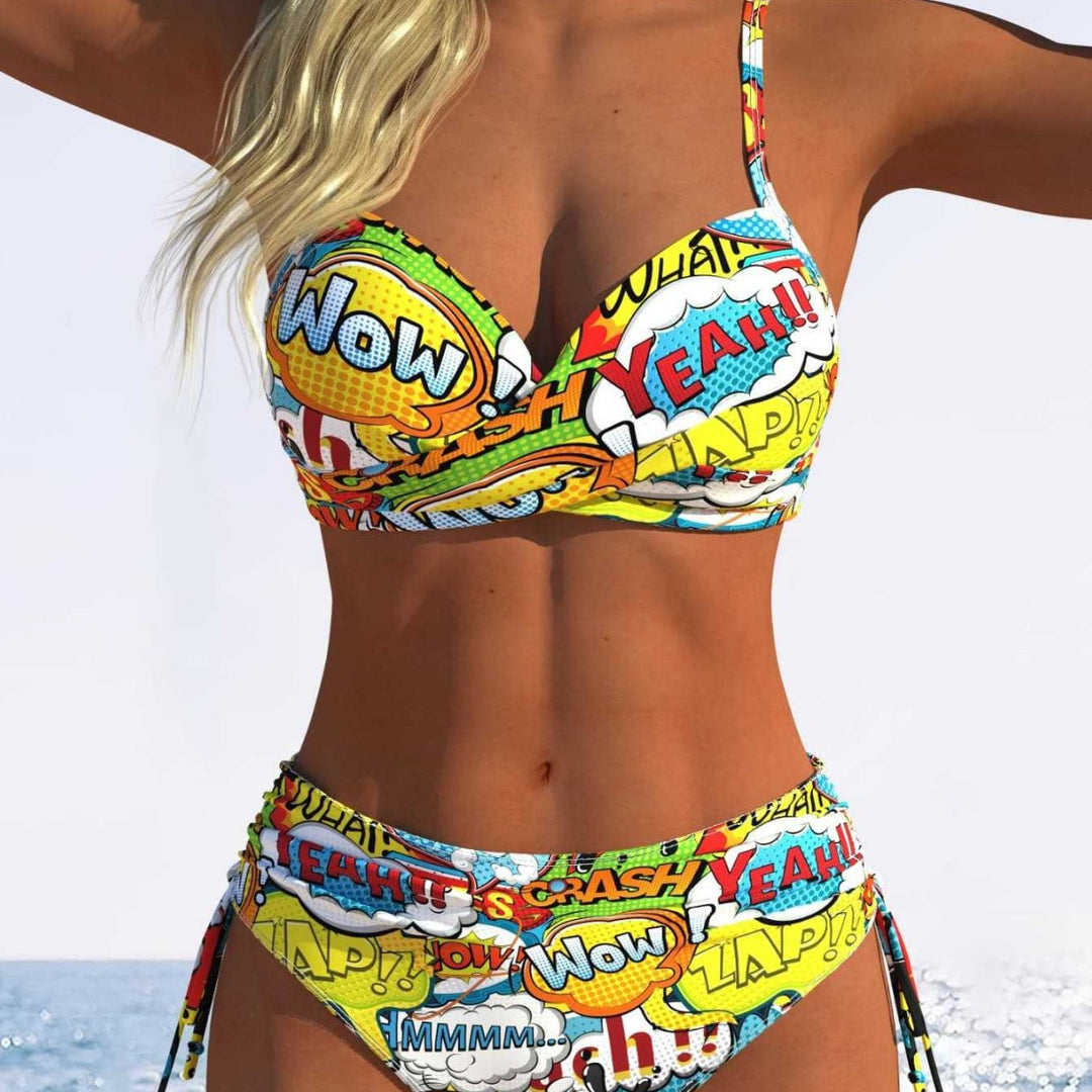 Damen Bikini-Set mit verspieltem Comic-Print und verstellbaren Seitenschnüren Drune