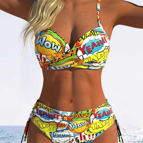 Damen Bikini-Set mit verspieltem Comic-Print und verstellbaren Seitenschnüren Drune