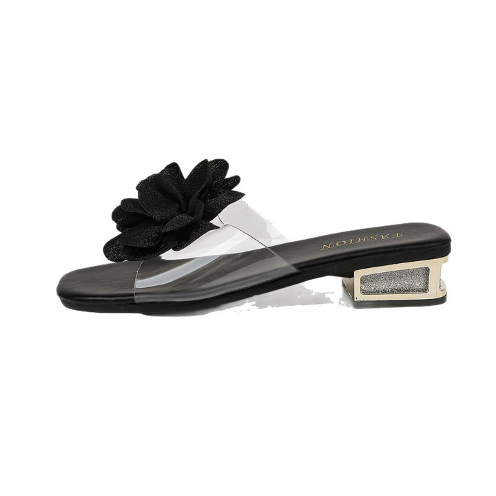Damen Slides mit floralen Applikationen und funkelndem Blockabsatz Drune