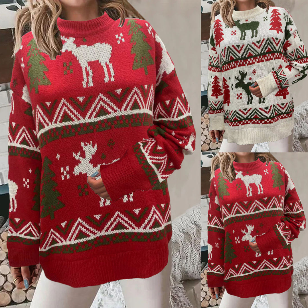 Damen Gemütlicher Weihnachts-Pullover mit festlichem Motiv und hoher Passform Drune