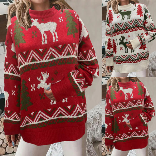 Damen Gemütlicher Weihnachts-Pullover mit festlichem Motiv und hoher Passform Drune