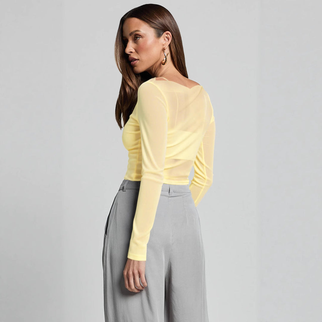 Damen Elegantes Langarmoberteil mit transparentem Mesh und Raffung Drune