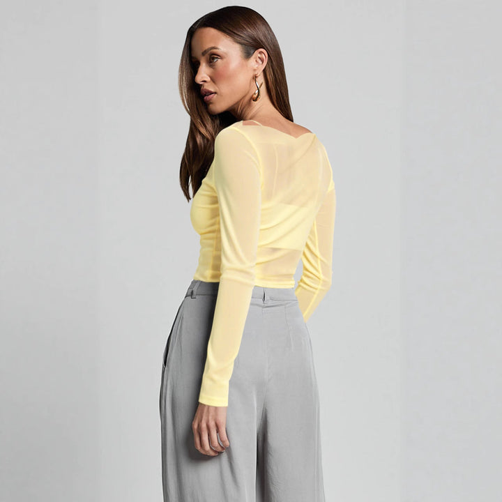 Damen Elegantes Langarmoberteil mit transparentem Mesh und Raffung Drune