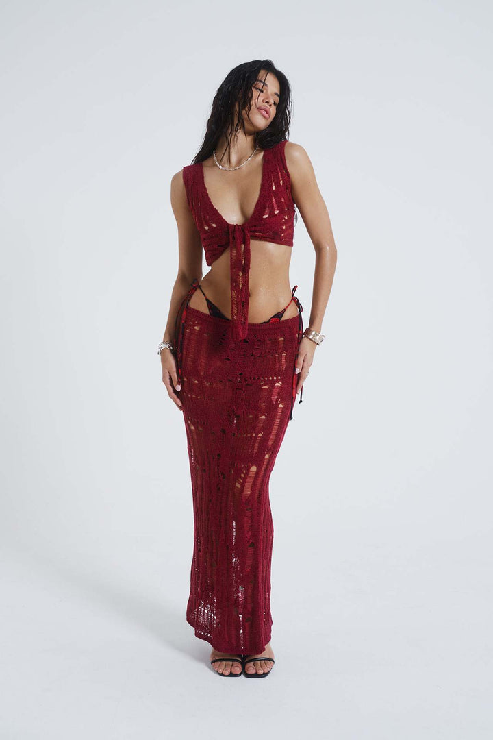 Damen gehäkeltes Strandkleid und Crop-Top Set mit tiefem Ausschnitt Drune