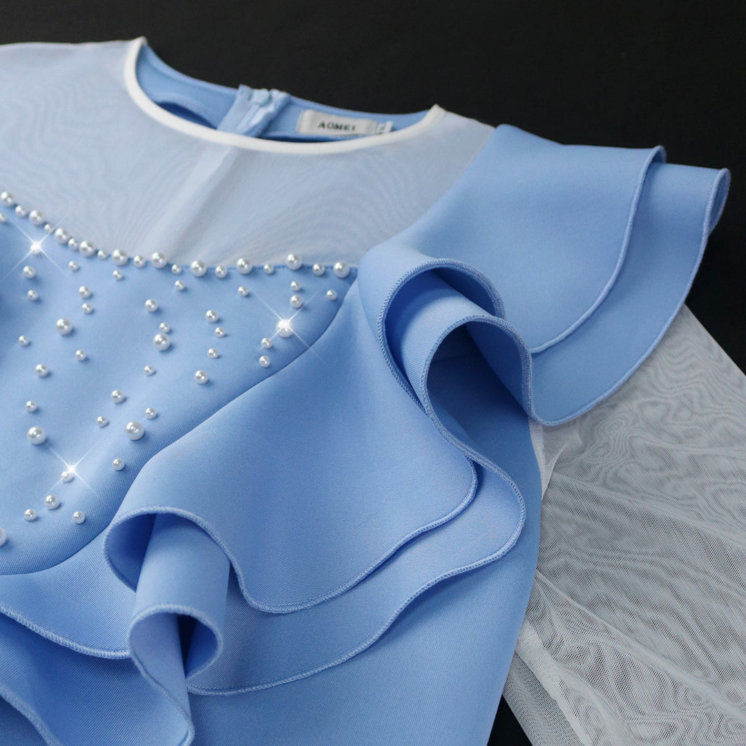 Damen elegantes Kleid mit Rüschen und Perlenapplikationen Drune