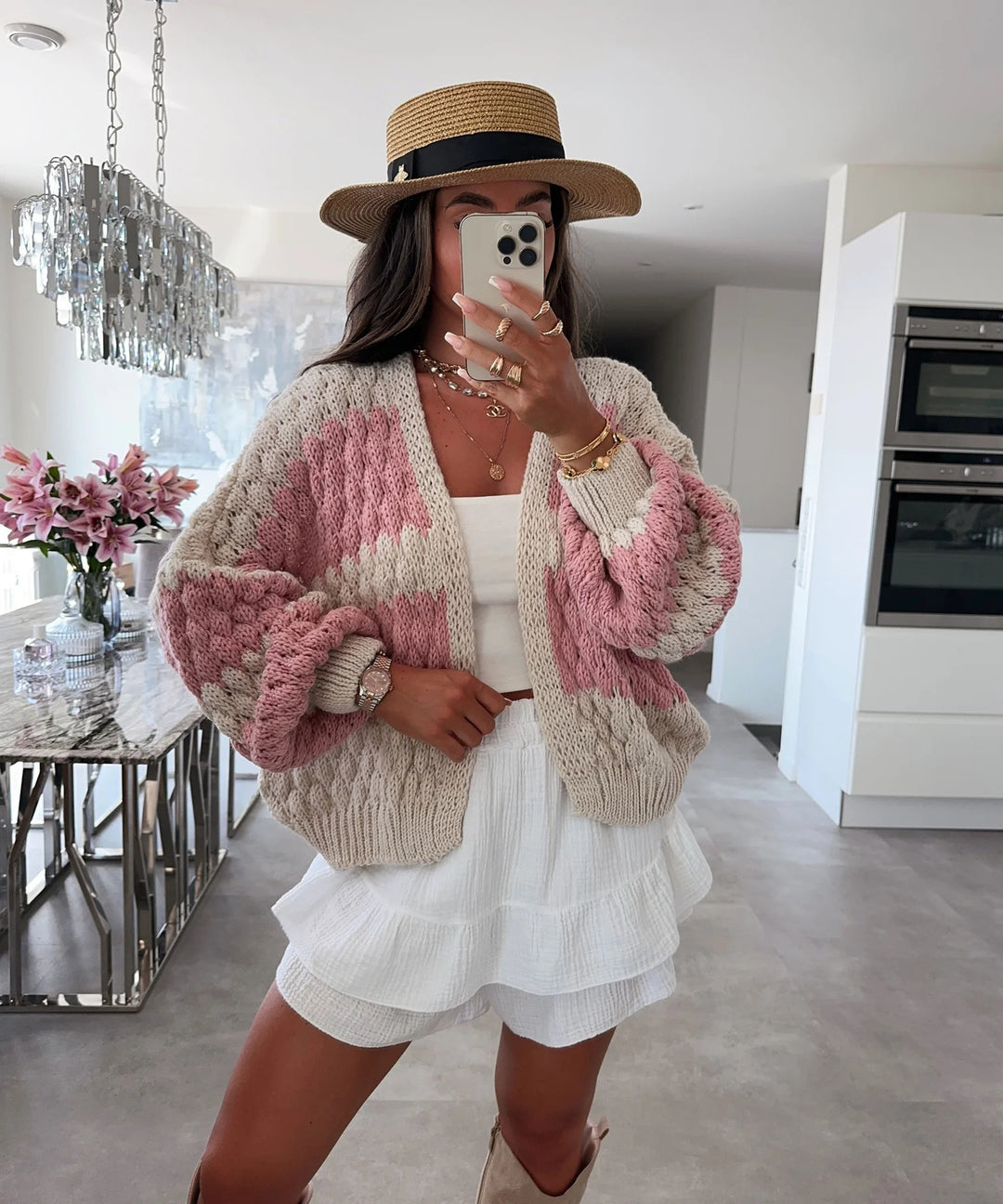 Damen lässiger Strickcardigan mit großem Zopfmuster und oversized Passform Drune