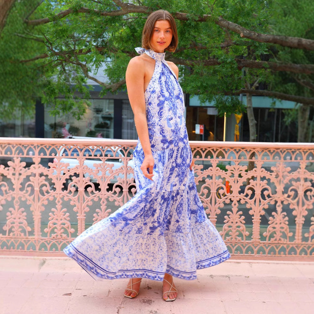 Damen Maxikleid im eleganten Bohemian-Stil mit verführerischem Halsband und fließendem Schnitt Drune