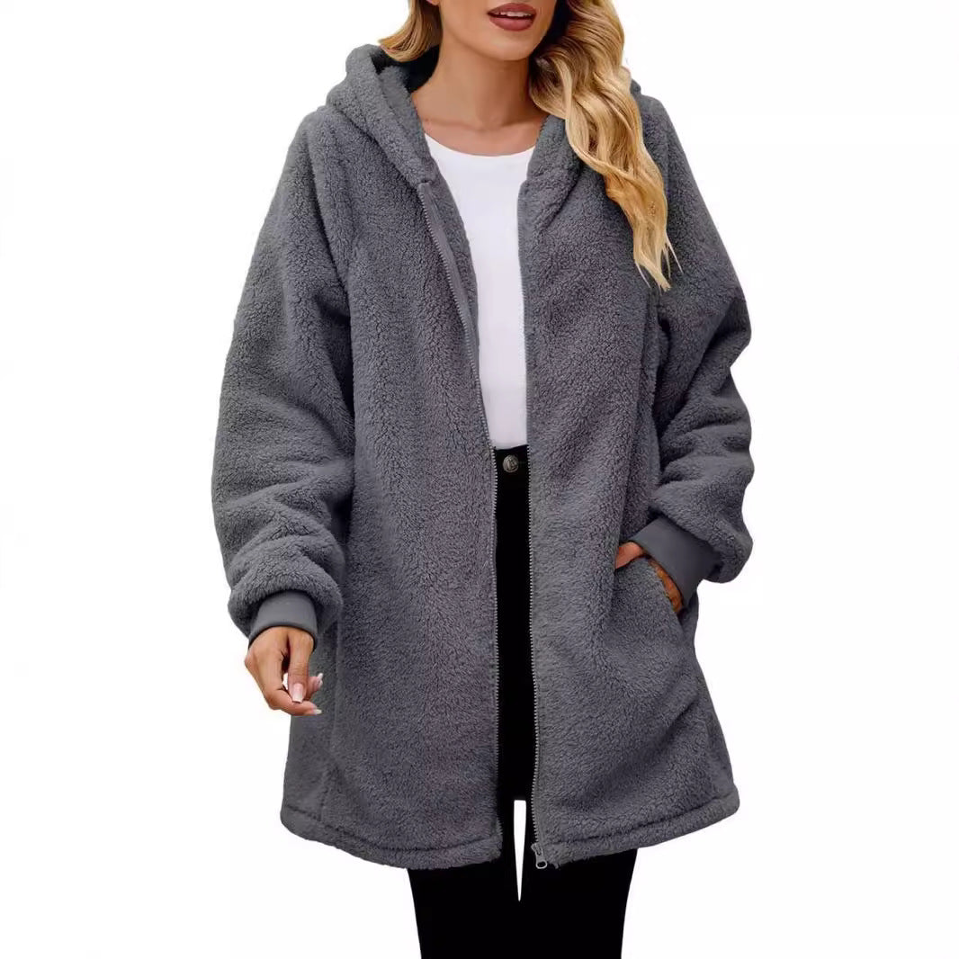 Damen nan midilanger Soft-Teddy Parka mit Kapuze, elastischen Bündchen und Zweiwege-Reißverschluss Drune