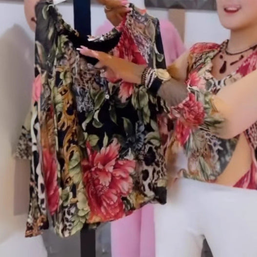 Damen nan leichte Satinbluse mit Animal- und Floralprint, Rüschenkragen, V-Ausschnitt und Manschettenärmeln Drune