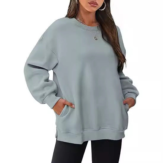 Damen nan lässiger Oversize-Sweatpullover mit seitlichen Eingrifftaschen, geripptem Saum und überschnittener Schulter Drune