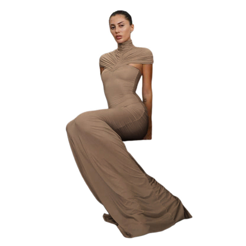 Damen Elegantes Maxikleid mit hochgeschlossenem, drapiertem Kragen Drune