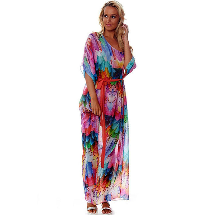 Damen Strandkaftan mit buntem Federdesign und luftigem Schnitt Drune