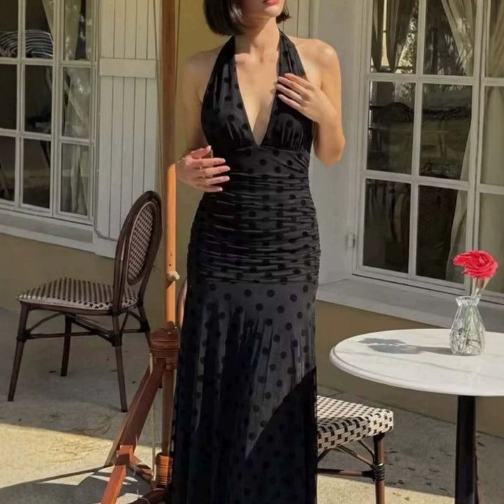 Damen Elegantes Maxikleid mit tiefem V-Ausschnitt und filigranen Rüschen Drune