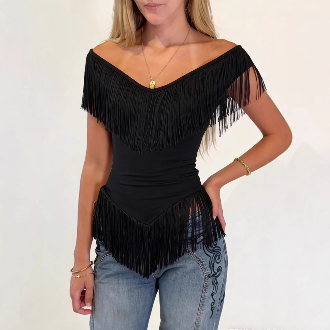 Damen Top mit fransigem Detail und Off-Shoulder-Design Drune