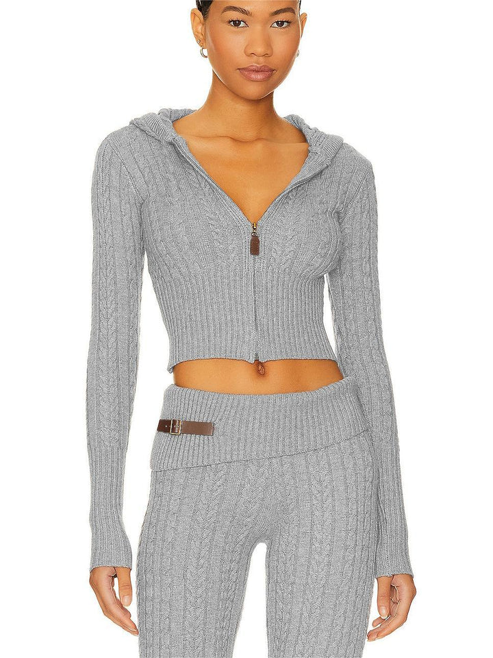 Damen Cropped Strickjacke mit Kapuze und hohem Kragen Drune