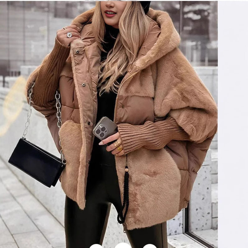 Damen nan oversized gesteppte Winterjacke mit Kunstfellpanelen, Kapuze und integrierten Rippenärmel-Details Drune