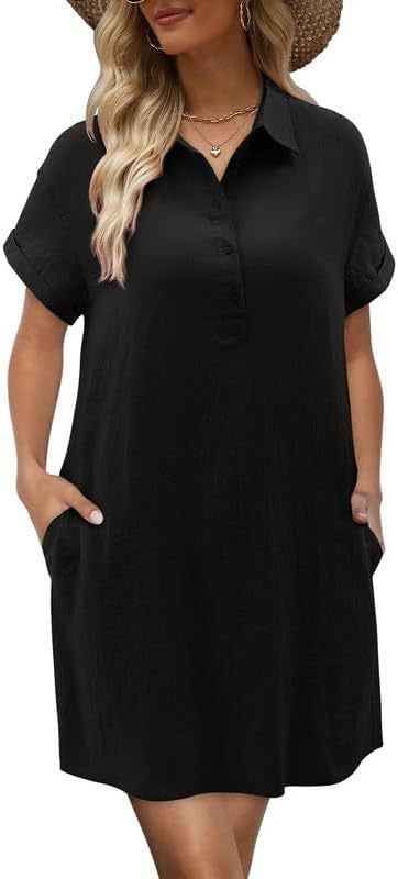 Damen lässiges Hemdkleid mit Knopfleiste und Seitentaschen Drune