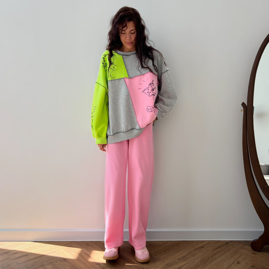 Damen lässiger Sweatshirt mit kreativen Farbblock-Motiven Drune