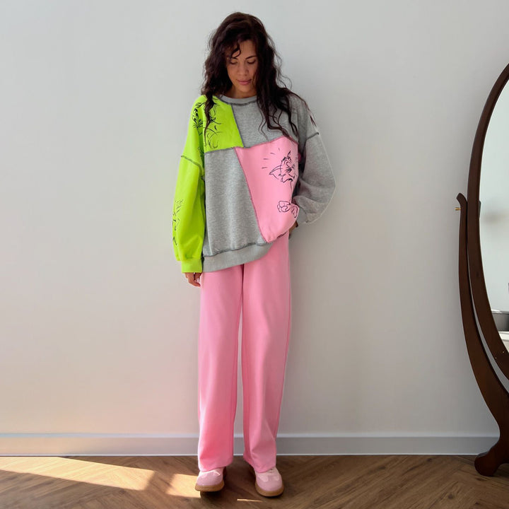 Damen lässiger Sweatshirt mit kreativen Farbblock-Motiven Drune