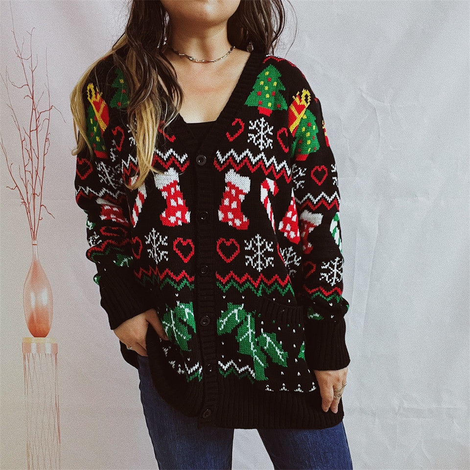 Damen Weihnachts-Strickjacke mit festlichem Design und knöpfbarem Schnitt Drune