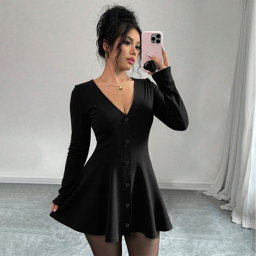 Damen Knielanges Strickkleid mit tiefem V-Ausschnitt und Knopfleiste Drune