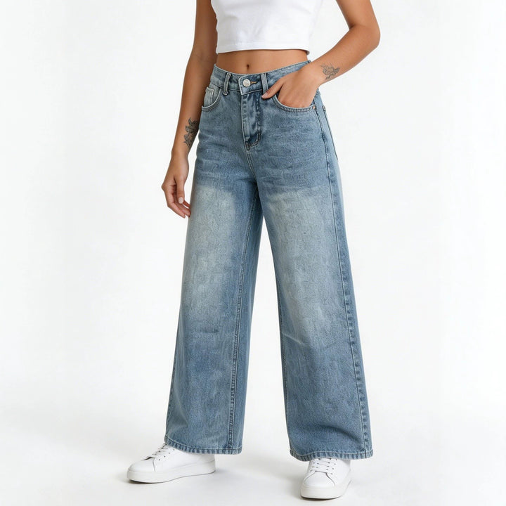 Damen nan hochgeschnittene Palazzo-Jeans mit extra weitem Bein und taillierendem Schnitt Drune