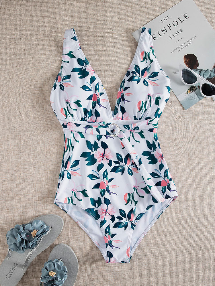 Damen Einteiler Badeanzug mit floralem Design und raffiniertem Wickelgürtel Drune