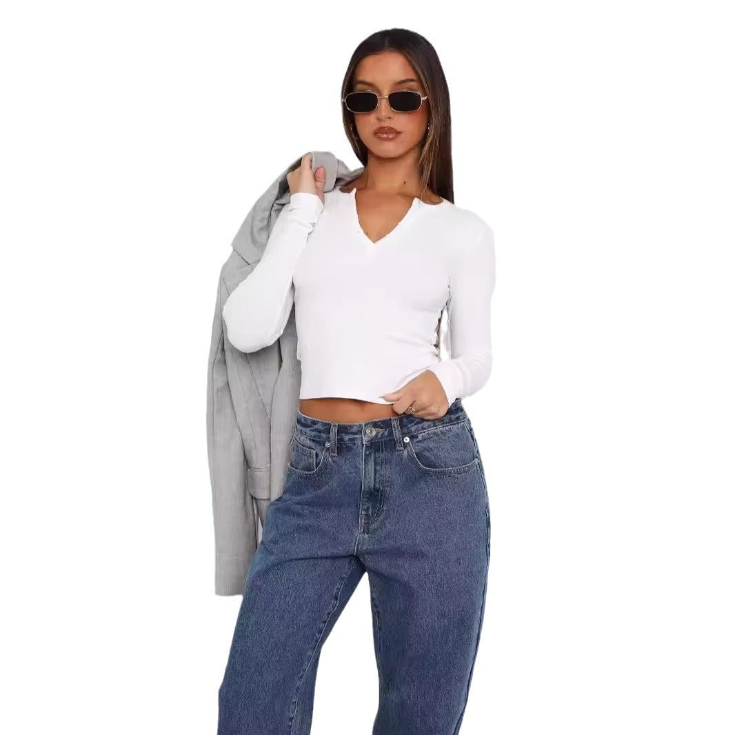 Damen Langarm Crop-Top mit eleganter V-Öffnung und figurbetontem Schnitt Drune