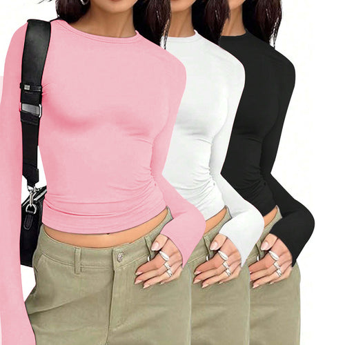 Damen langärmliges Basic Shirt mit elegantem Rundhalsausschnitt Drune