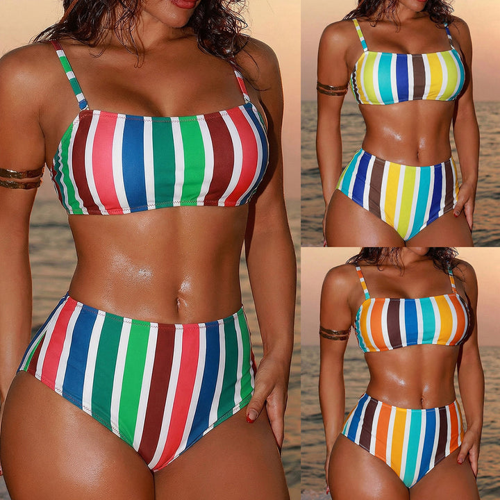 Damen Hoch geschnittener Bikini mit breiten Streifen Drune