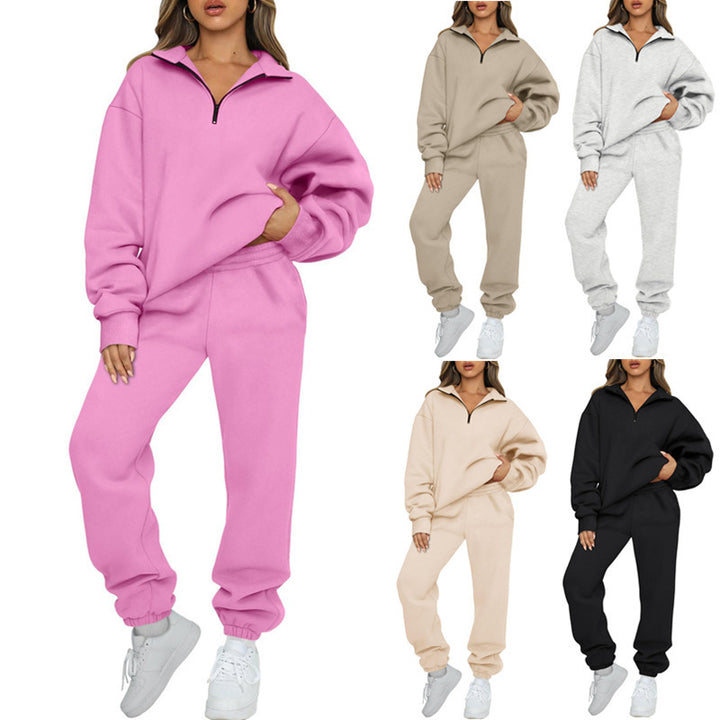 Damen lässiger Hoodie-Trainingsanzug mit Reißverschluss und bundlosen Hosen Drune