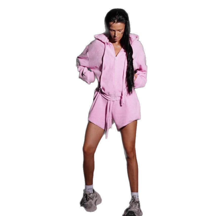 Damen lässiges Fleece-Crop-Set mit Reißverschluss Drune