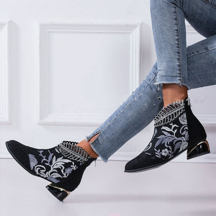Damen Stiefeletten mit floralem Muster und glanzvollem Blockabsatz Drune