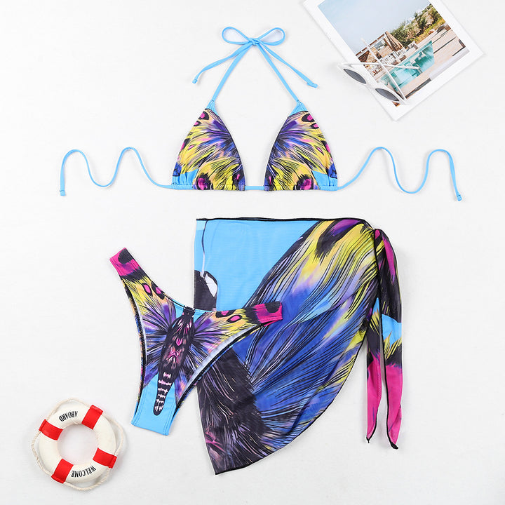 Damen Triangel-Bikini-Set mit aufregendem Schmetterlingsdruck und passendem Pareo Drune