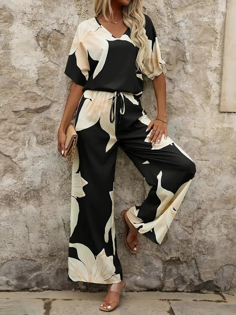 Damen Luftiges Zweiteiliges Set mit floralem Design und weitem Schnitt Drune