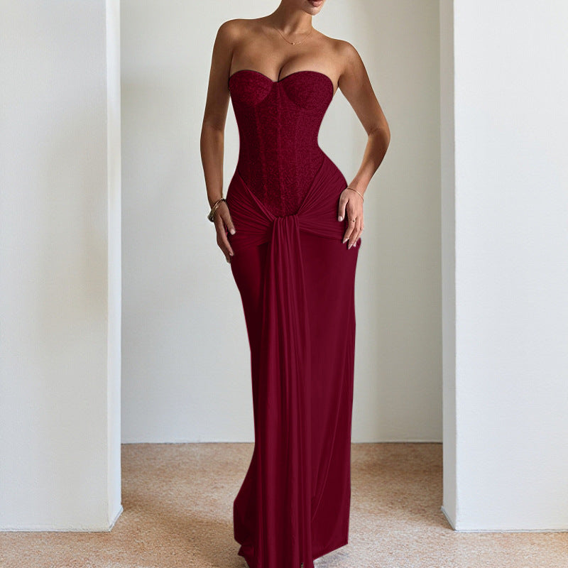 Damen schickes Maxikleid mit elegantem Bustier-Oberteil und gerafftem Rock Drune