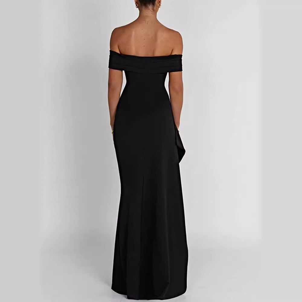 Damen Elegantes Off-Shoulder Maxikleid mit hohem Schlitz und Drapierungen Drune